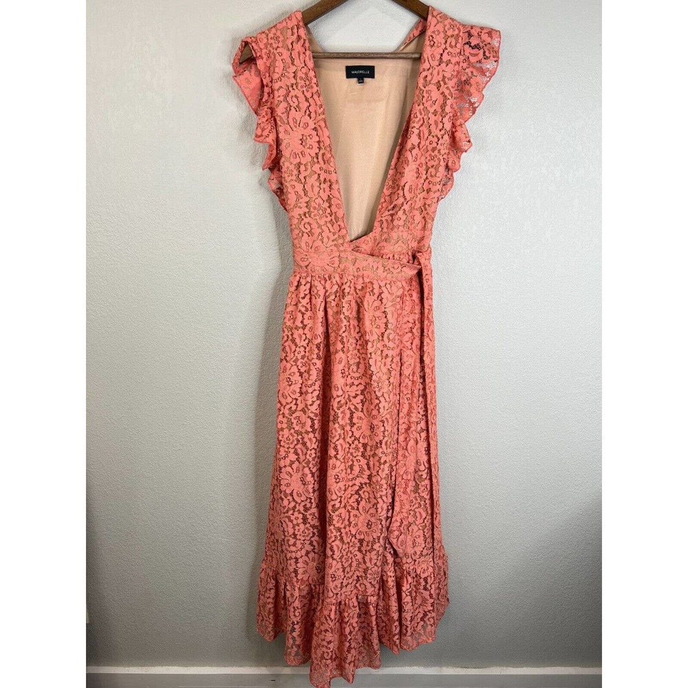 Majorelle Womens Lace Maxi Wrap Dress Large Orange Ruffle Accent Sleeveless